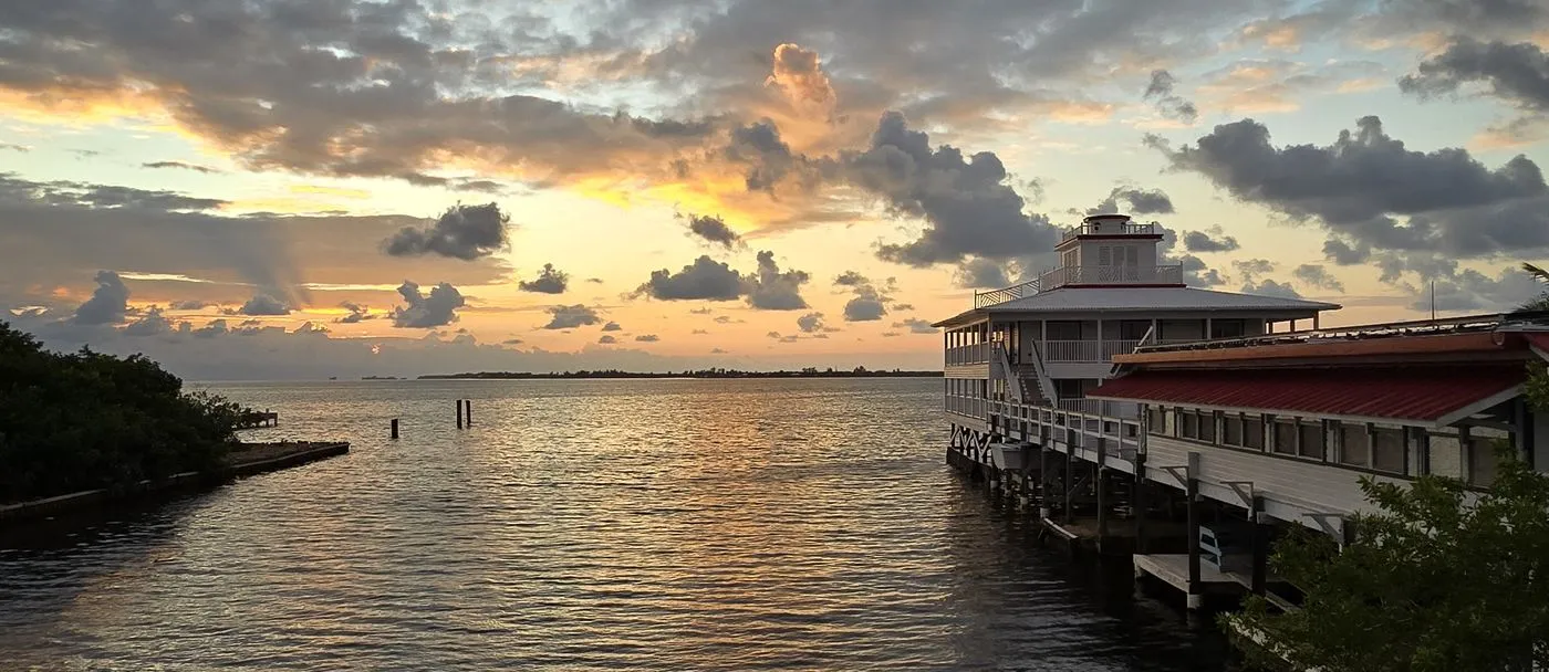 Sunset over the Bay Islands — the ferry dock at dusk